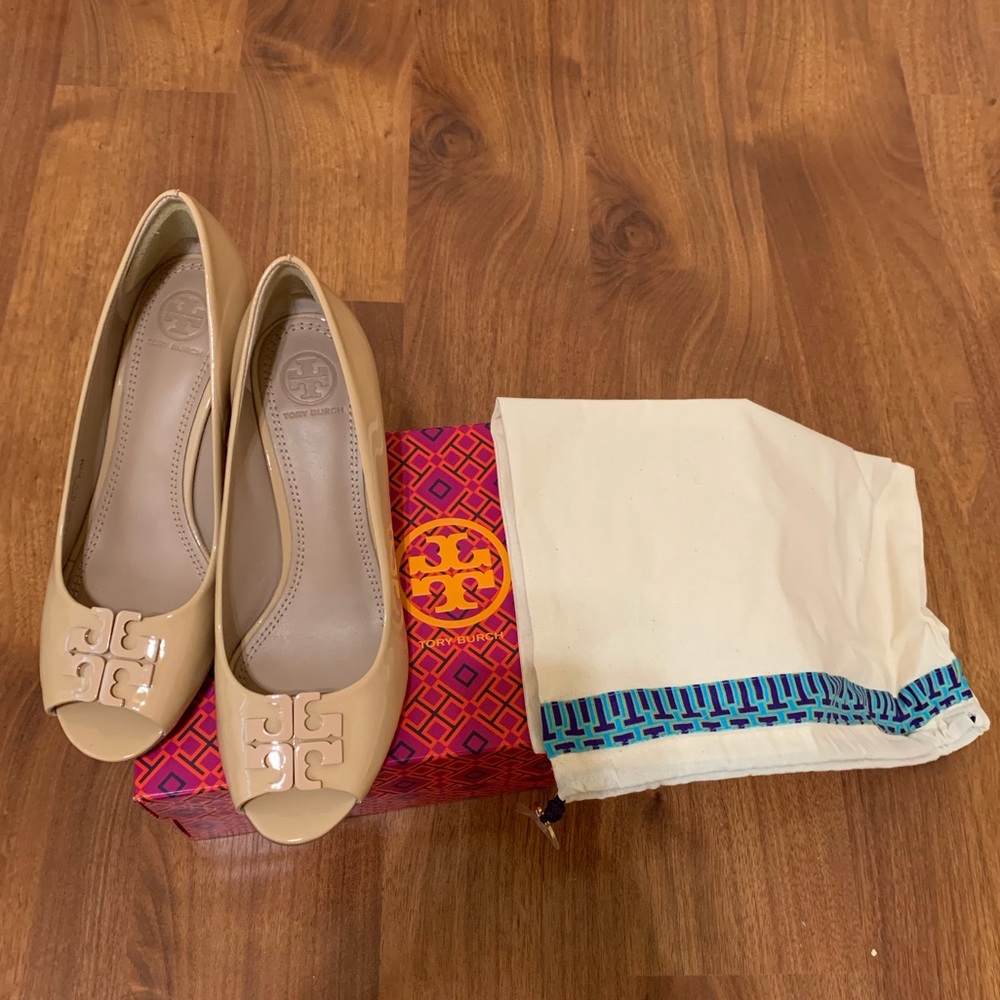 Tory Burch Beige Peep-Toe Wedges
